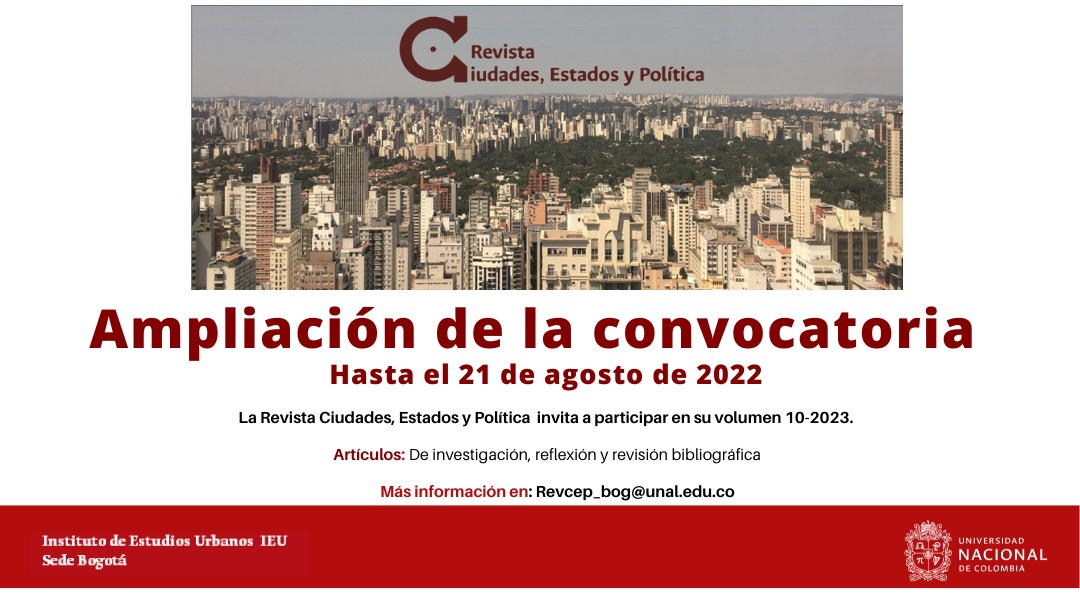Recepción de artículos Revista Ciudades, Estados y Política del Instituto de Estudios Urbanos - IEU