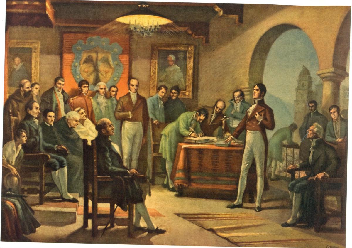 Firma del acta de independencia. Óleo de Coroliano Leudo / Tomado de Archivo de Bogotá