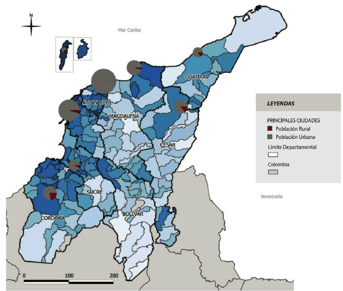 Mapa. Población urbana por municipios de la región Caribe, 2011